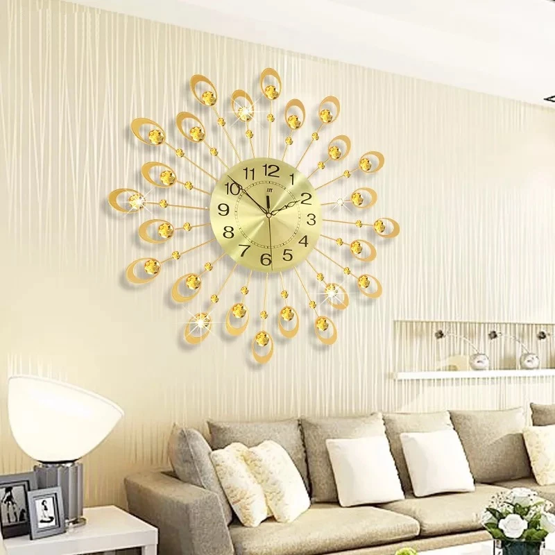 

3D Big Wall Clock Modern Design Home Decor Living Room 48pcs Diamonds Wall Watches Decorative Wrought Iron Silent Clock 54CM