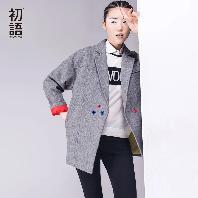 Goedkoop Toyouth 2019 Herfst Winter Nieuwe Blends Vrouwen Turn Down Kraag Medium Lange Kleur Contrast Fashion Wol Outwears