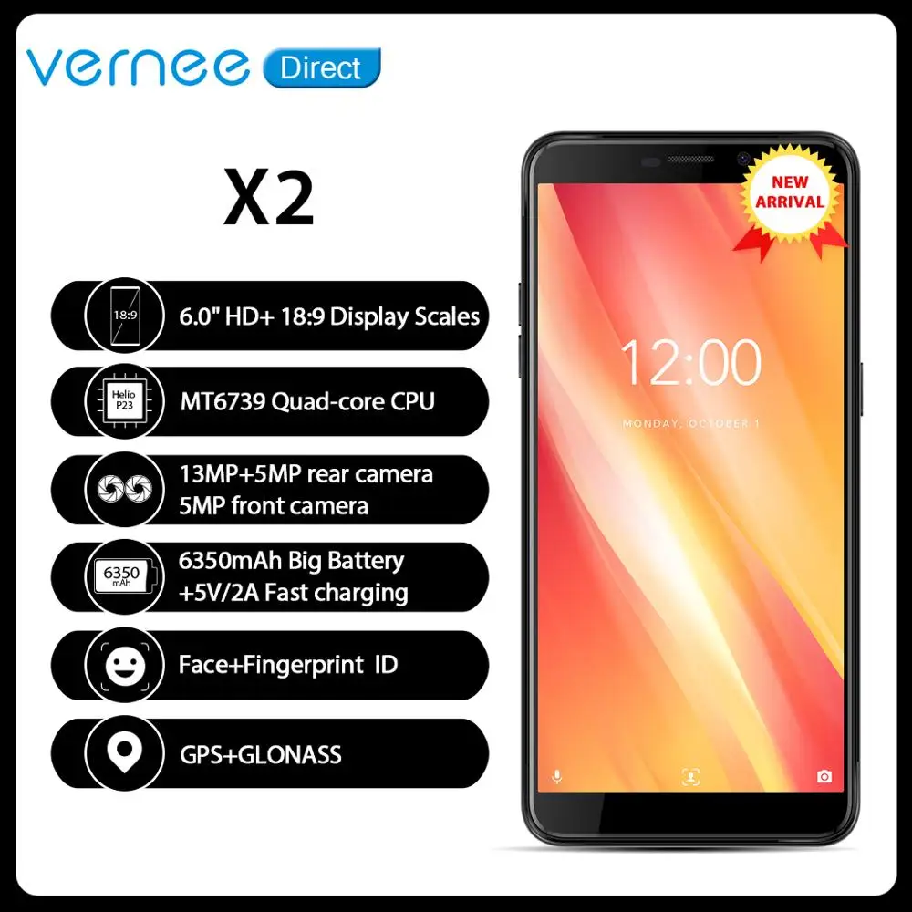 Смартфон Vernee X2, 3 ГБ ОЗУ, 32 Гб ПЗУ, две sim-карты, 6350 мА/ч, 6,0 дюйма, Face ID, 4G LTE, Android 9,0, мобильный телефон