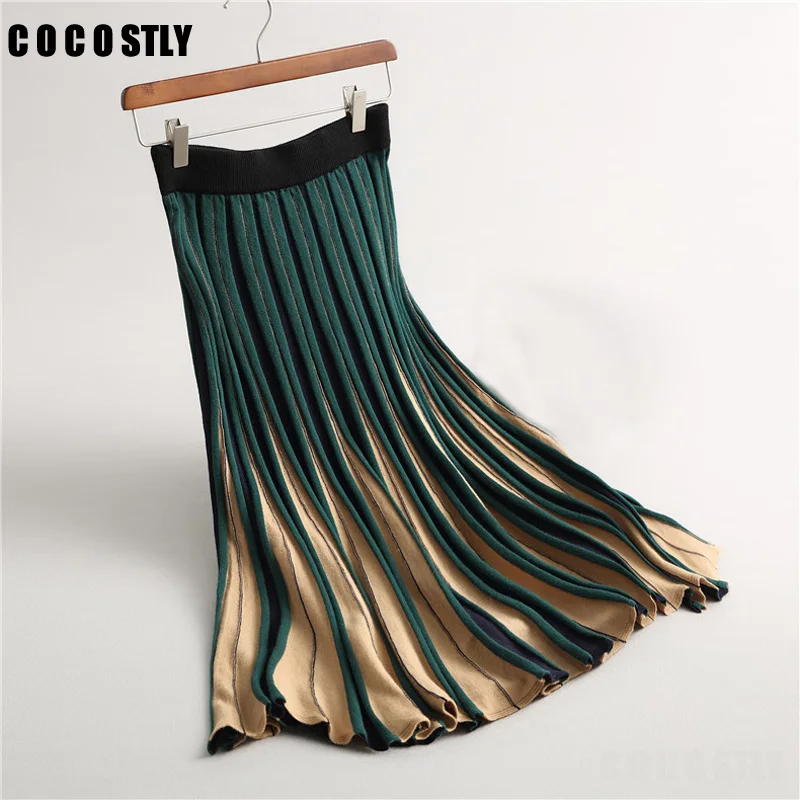 

2019 New Fashion Vintage Pleated skirt Women Striped knitting Women's skirt Mid-Calf Spring autumn Casual long skirt Female