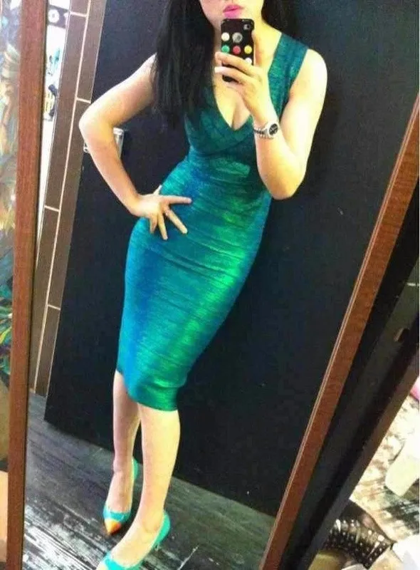 2016 New Gold Red Green Metallic Peach Neck Knee Length Sexy Women 