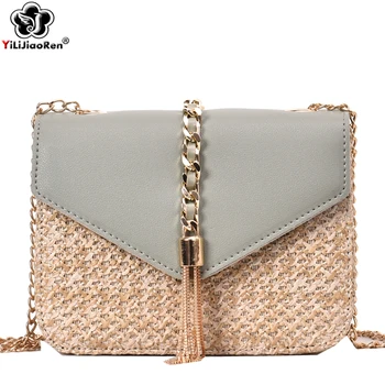 

Fashion Tassel Handmade Woven Summer Straw Beach Bag Chain Crossbody Bag for Women 2019 Rattan Small Leather Shoulder Bag Wallet
