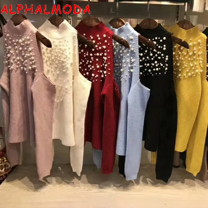 

ALPHALMODA Beaded Strapless Off-shoulder Sweater Women Winter Sexy Pullovers Solid Color Fashion Jumpers