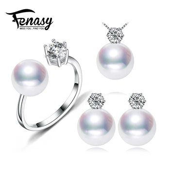 

FENASY Pearl Jewelry fashion wedding engagement jewelry sets Natural Pearl pendant Necklace women stud Earrings crown ring 8-9mm