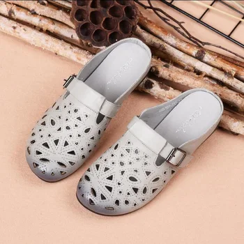 

2019 summer new Women Slippers Cover Toes Genuine Leather shoes flat slippers comfortable soft bottom Vintage Style sandals slip