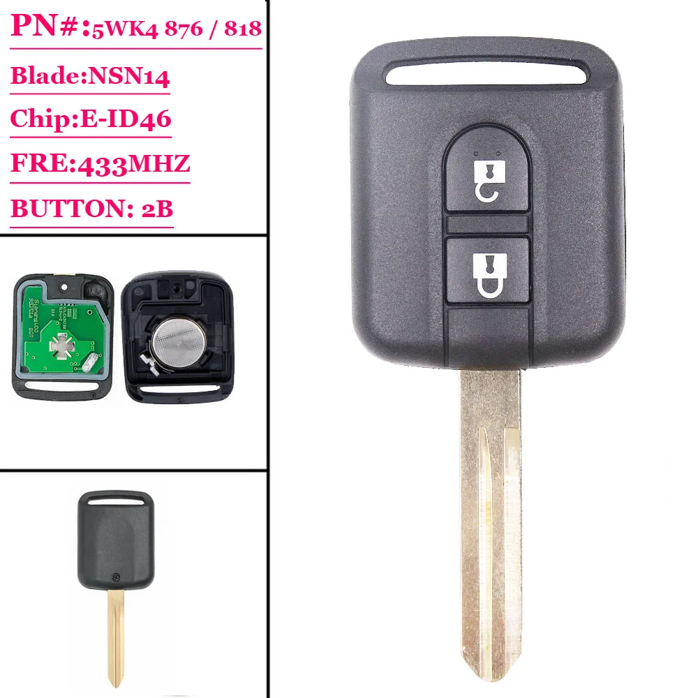 

Free Shipping ( 1pcs) Excellent Quality 2 Button Remote Transmitter key Fob 2 Button 433MHz ID46 for Nissan X-trail Navara Micr