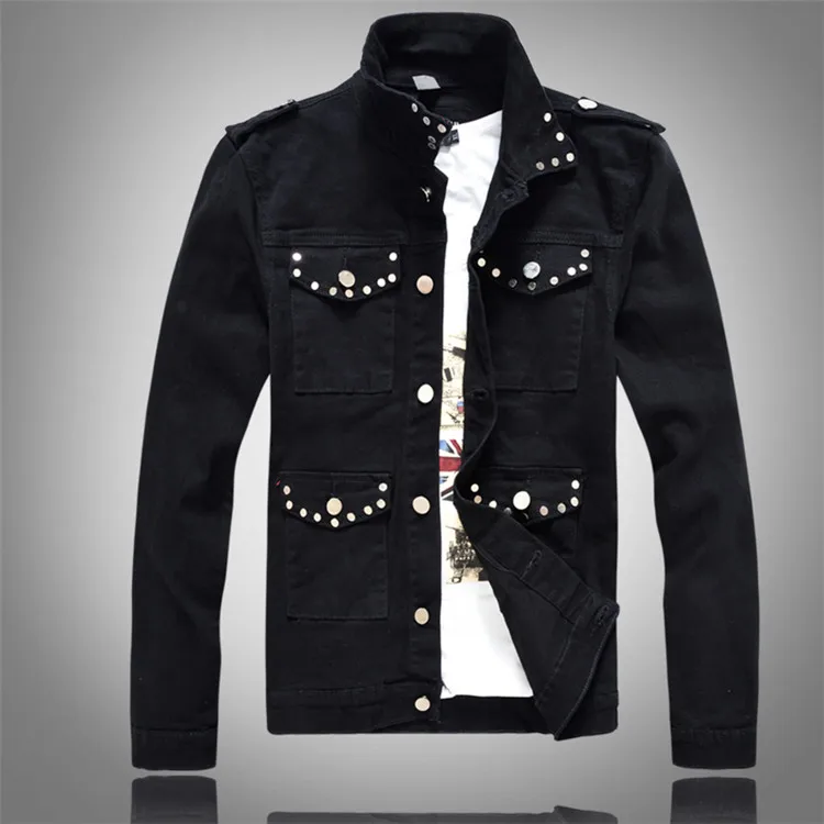 

2019 personality new Korean hair stylist denim jacket men's self-cultivation motorcycle jacket men's black denim rivet jacket