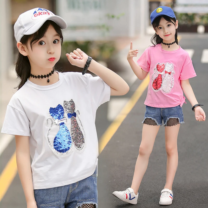 

2-12Y change color kids girl t shirt children cotton short sleeve clothing big girls t shirts and tops teenage girls clothes
