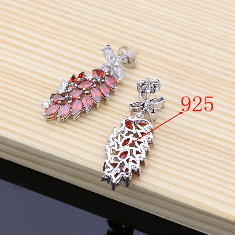 Elegant 925 Silver Jewelry Decoration Flower Shaped Red Cubic Zirconia Stone Bridal Long Earrings For Women (5)