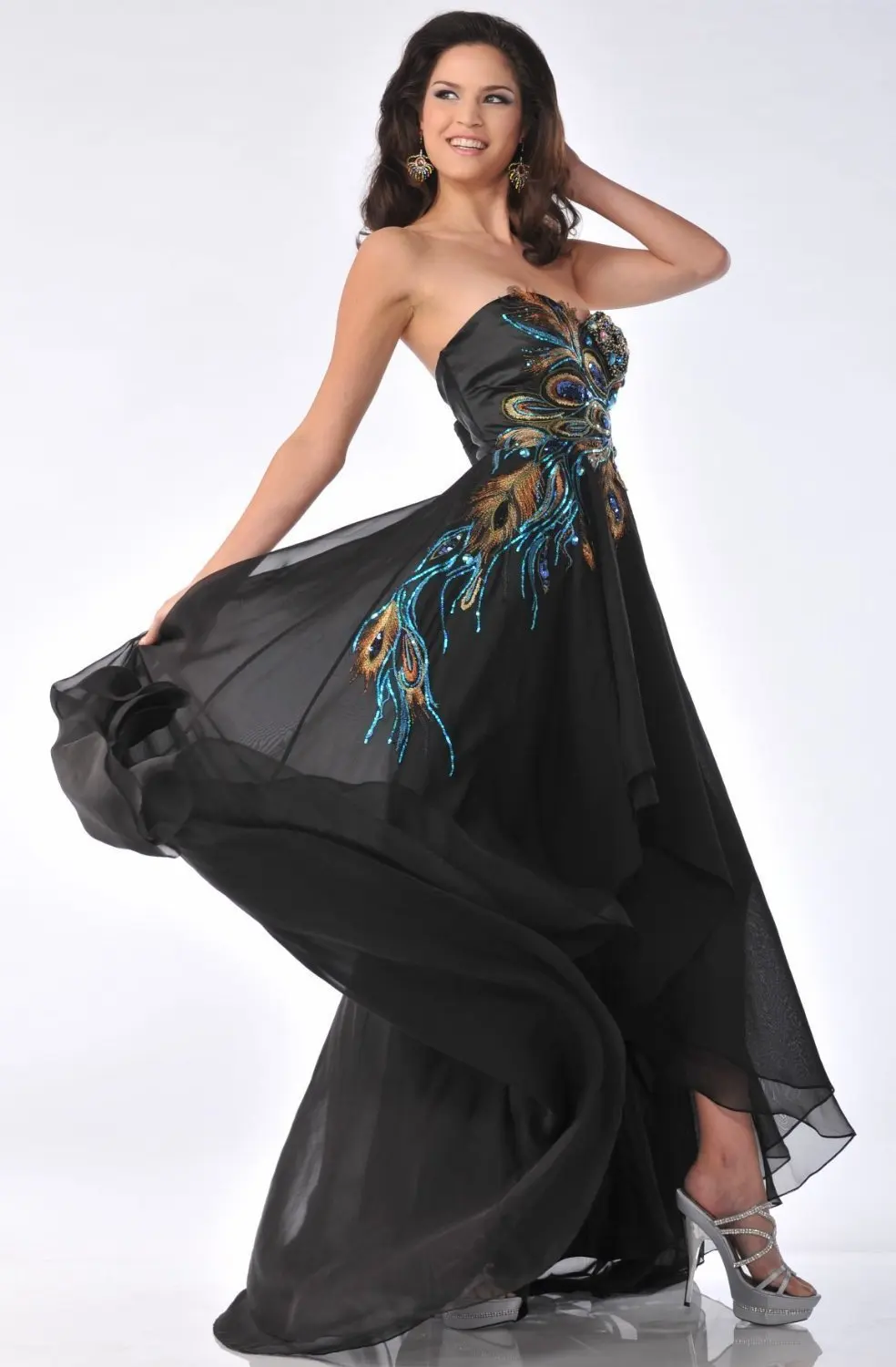 

P017 peacock black crystals applqiue beaded fashion Pageant ball birthday Homecoming Formal Party Cocktail Prom Dresses gown