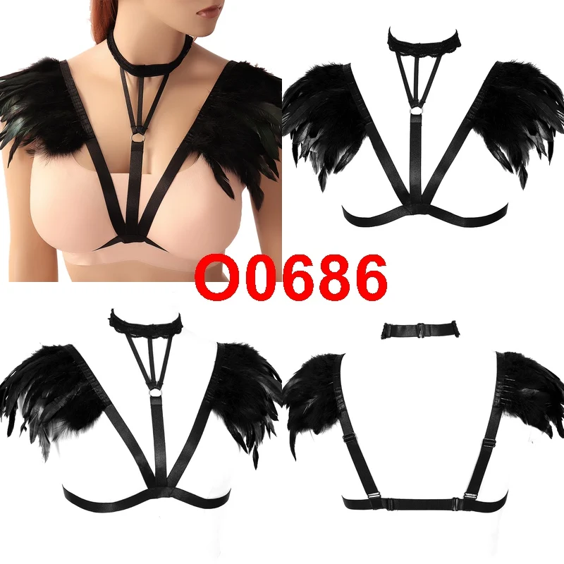 O0686 Портупея укороченный топ ремни для нижнего белья Для женщин Strappy нагрудный ремень Эластичный перьевые эполеты крылья в готическом стиле и стиле панк плюс Размеры танец Rave - Цвет: O0686
