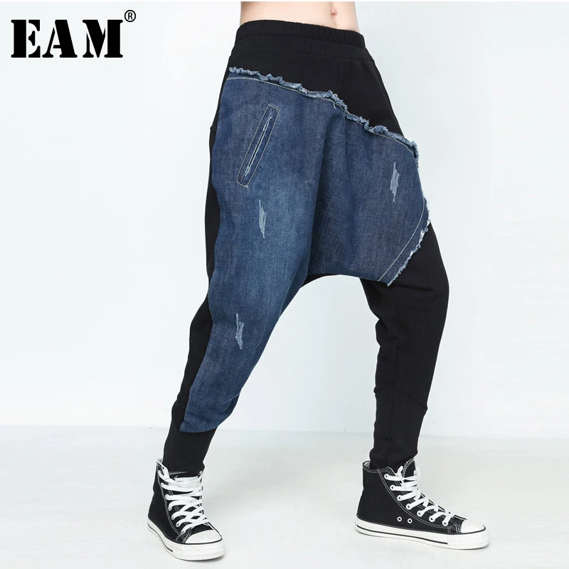 

[EAM] 2019 Spring New Pattern Fashion Personality Denim Stitching Elatic Waist Cross-pants Tide Loose Women Trousers YC22301