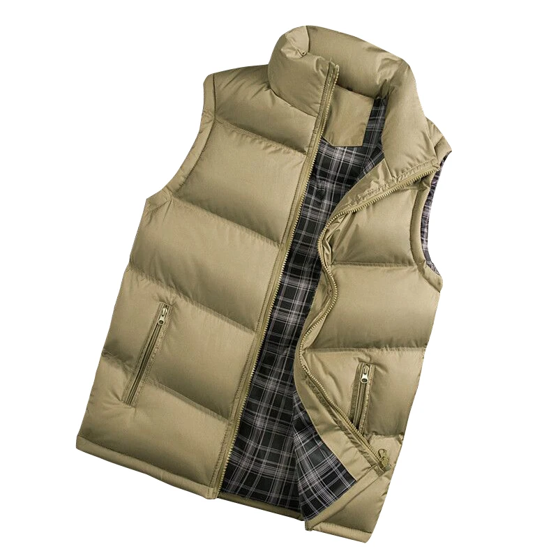 

Khaki Slim Fit Casual Vest Male Warm Waistcoats Spring Autumn Sleeveless Jackets Stand Collar Men's Vests Plus Size Men Coats