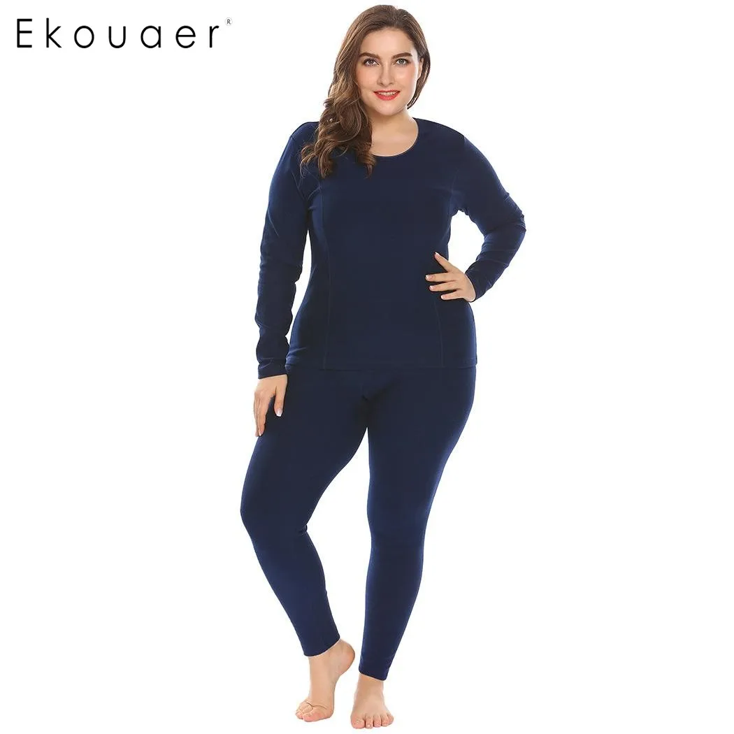 Ekouaer Women Sleepwear Thermal Nightwear Set Solid Top and Sleep