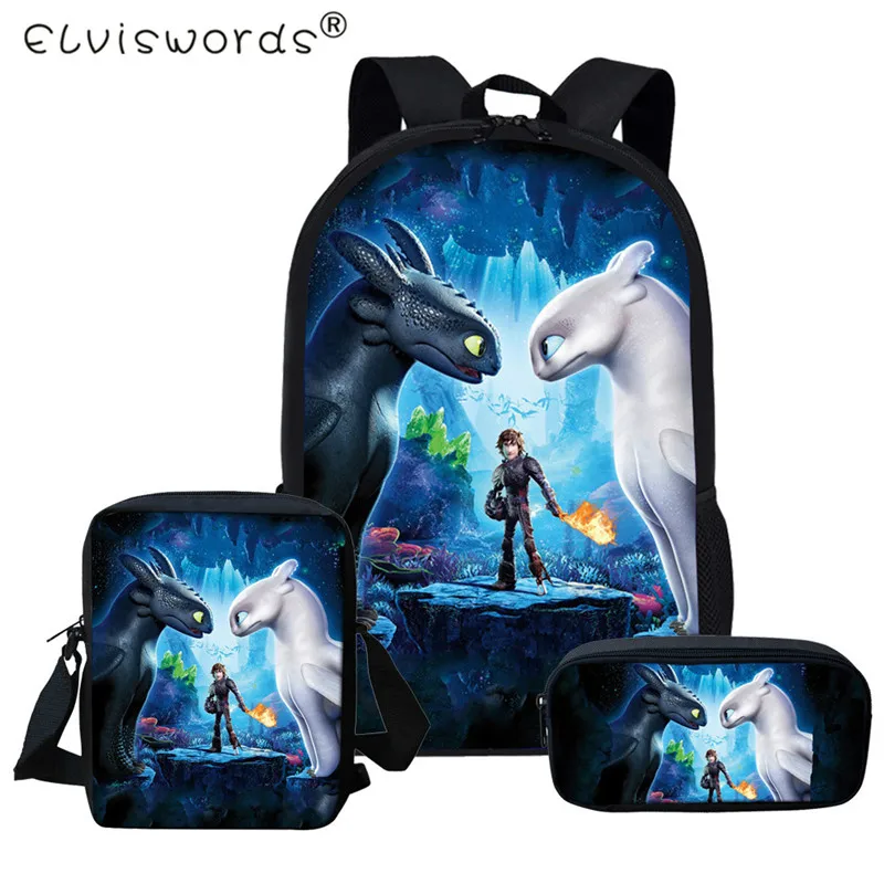 

ELVISWORDS 3pc/set Cartoon Dragon Print School 3D Book Backpack Boys and Girls Schoolbags Primary Students Mochila Satchel
