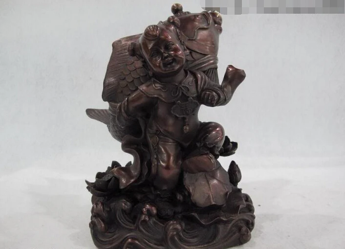 

USPS to USA S2994 Chinese Red Bronze Copper Feng Shui Wealth Lotus boy Child Goldfish Fish Statue B0401