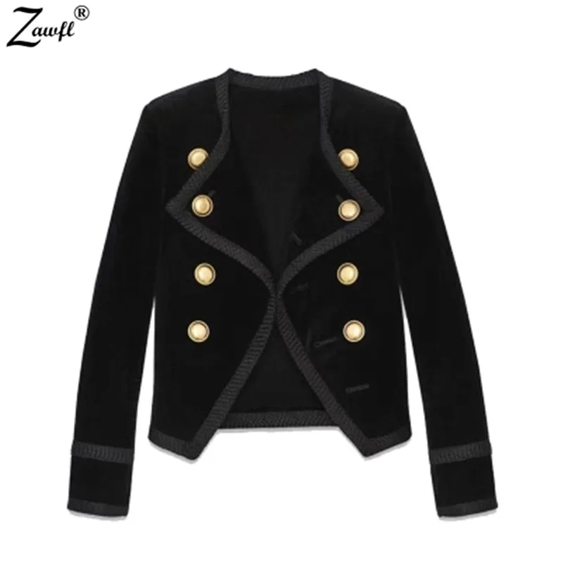 

ZAWFL Runway Autumn Winter Women Jacket Coat 2020 Designer Black Velvet Double-Breasted Long Sleeve Slim Short Coat