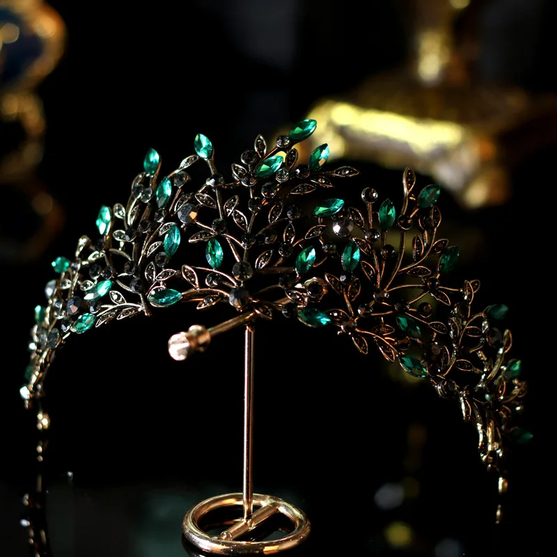  Luxury Baroque Black Green Crystal Leaf Bridal Crown Tiaras Rhinestone Crowns Infantis Brides Headb