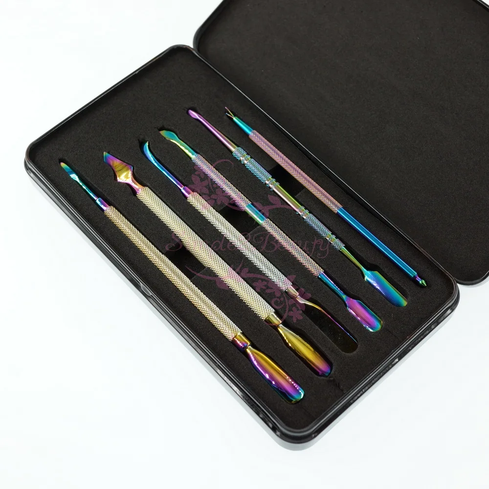 Cheap Offer for  1 Set 6pcs Nail Art Care Cuticle Pusher Spoon Dead Skin UV Gel Polish Remover Rainbow Stainless Ste