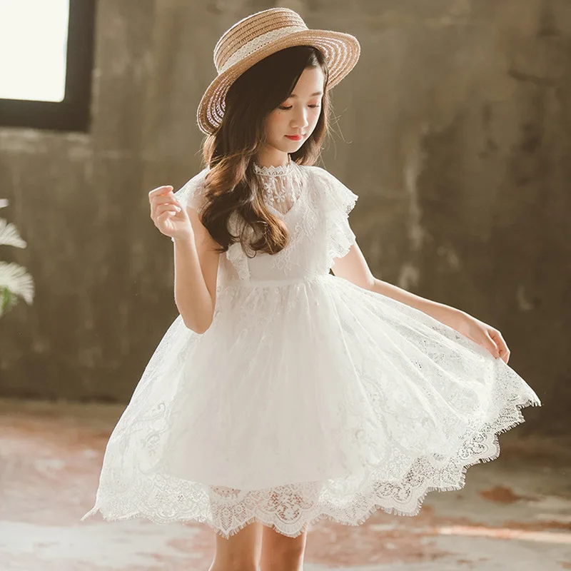

New Summer Lace Dress for Children Wedding Party Prom Costume White Floral Embroidery Girl Dresses Kids Clothing CA916
