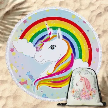 

2020 Outdoor Travel Microfiber Round Beach Towels With Tassel 150cm Colorful Rainbow Unicorn Series Big Beach Towel For Adult