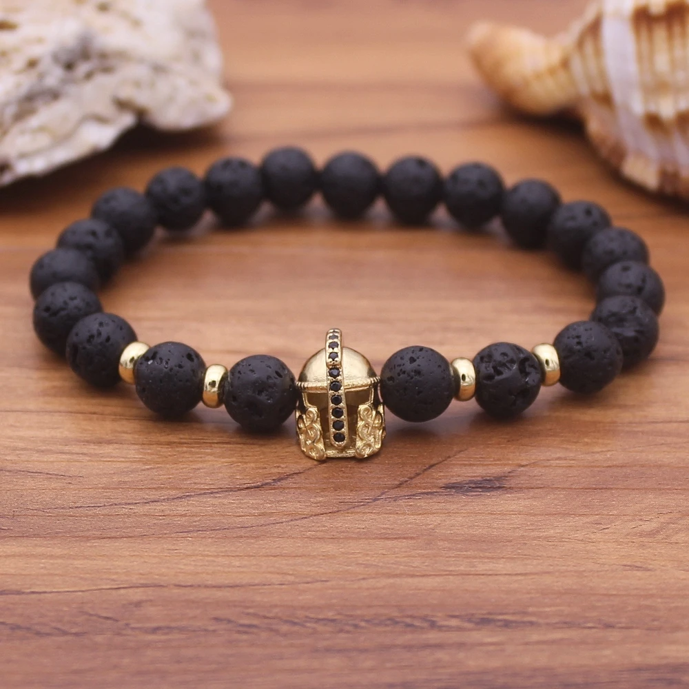 

Black Lava Natural Stone Gold Helmet Strand Bracelet Men Handmade Frosted Volcano Stone Beads Bracelets For Men Jewelry Gift