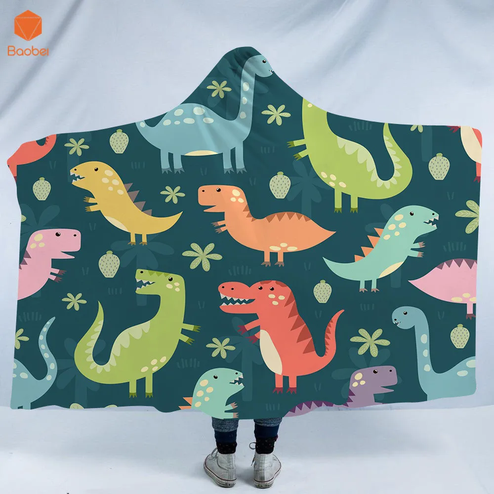 

3D Printed dinosaur Cute animal Hooded Blanket for Adults Foral Gothic Sherpa Fleece Wearable Throw Art Blanket Bedding