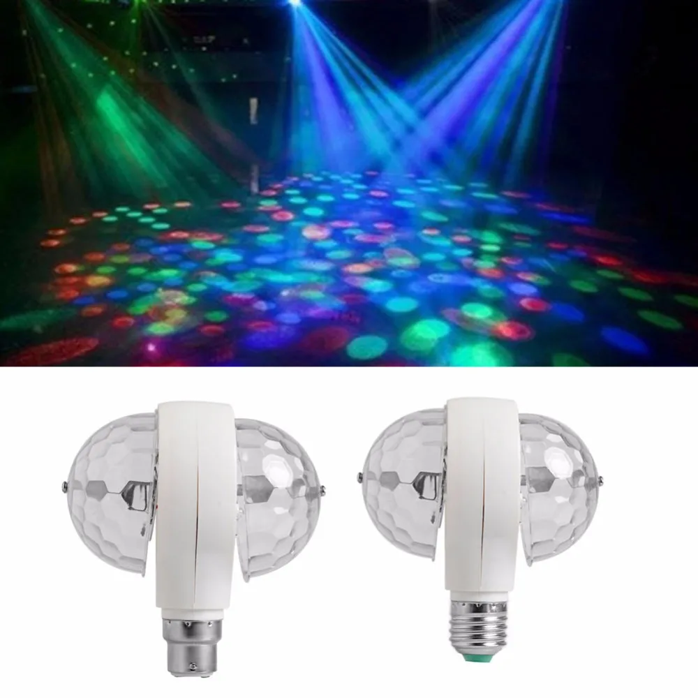 

Newest 6W E27 B22 Colorful Double Auto Rotating RGB Crystal Stage Light Magic double Balls DJ party disco effect Bulb Lamp
