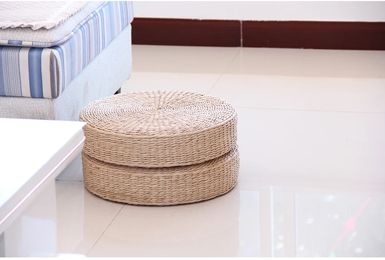 Hot 40cm*40cm Natural Straw Round Pouf Tatami Cushion Weave Handmade Pillow Floor Japanese Style Cushion with Silk Wadding