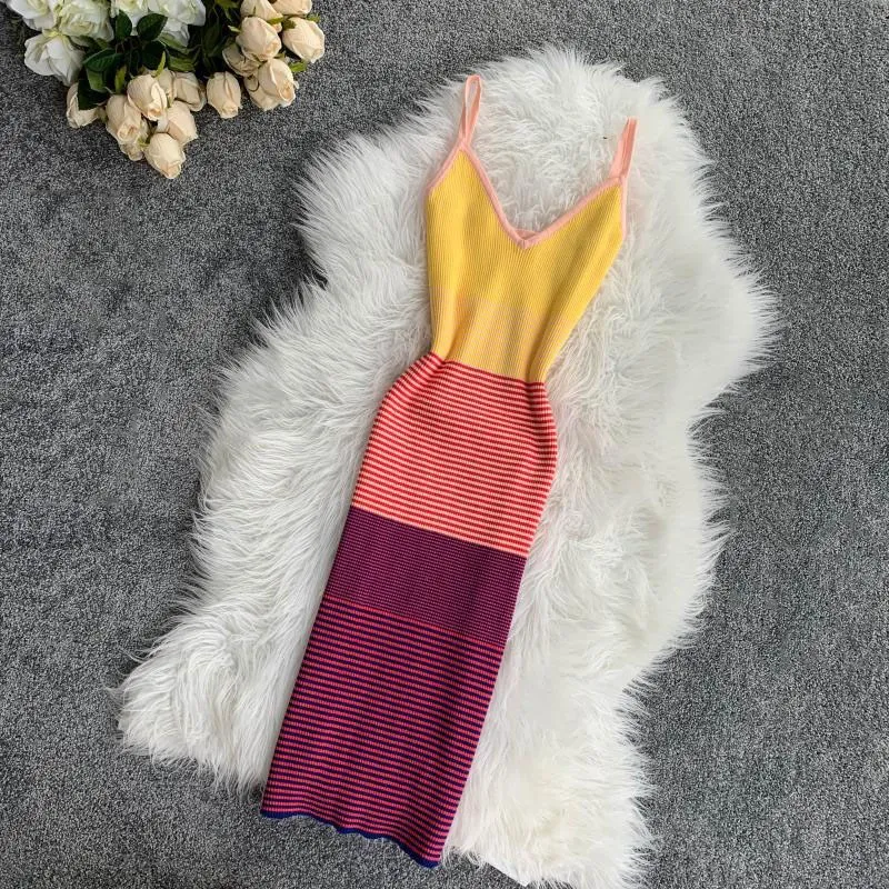 Rainbow Striped Colorful Knit Dress Stretchy Fitness Party Dress