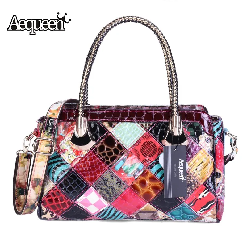 

AEQUEEN Genuine Leather Handbag Patchwork Design Bright Color Trunk Shoulder Bag Ladies Totes Women Fashion Sling Crossbody Bags