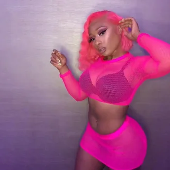 

OMSJ Summer See-through Hollow Out Clothes Neon Green Sexy Mesh Long Sleeve Crop Top+ Mini Skirt 2 Piece Club Outfits for Women