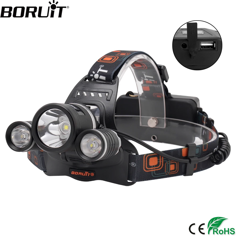 

BORUiT RJ-5001 XM-L2 LED Headlamp 4-Mode Power Bank Headlight Waterproof Head Torch Camping Hunting Flashlight Use 18650 Battery