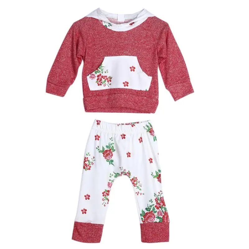 Baby Infant Toddler Kids Long Sleeve Hoodie Tops Floral Pants Outfit Set