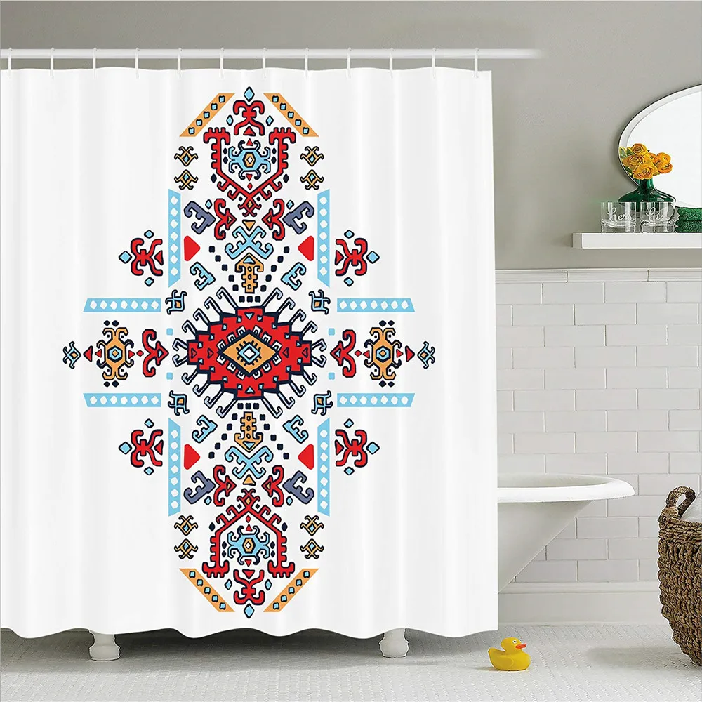 

Geometric Decor Shower Curtain by LIBIN, Mexican and African Ethnic Tribal Ornamental Folkloric Unique Vintage Pattern, Fabric B
