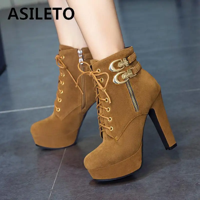 

ASILETO big Size 43 Ankle Boots Platform women round toe High Heels Lace Up Shoes ladies flock Buckle Short Botas Feminina A1099