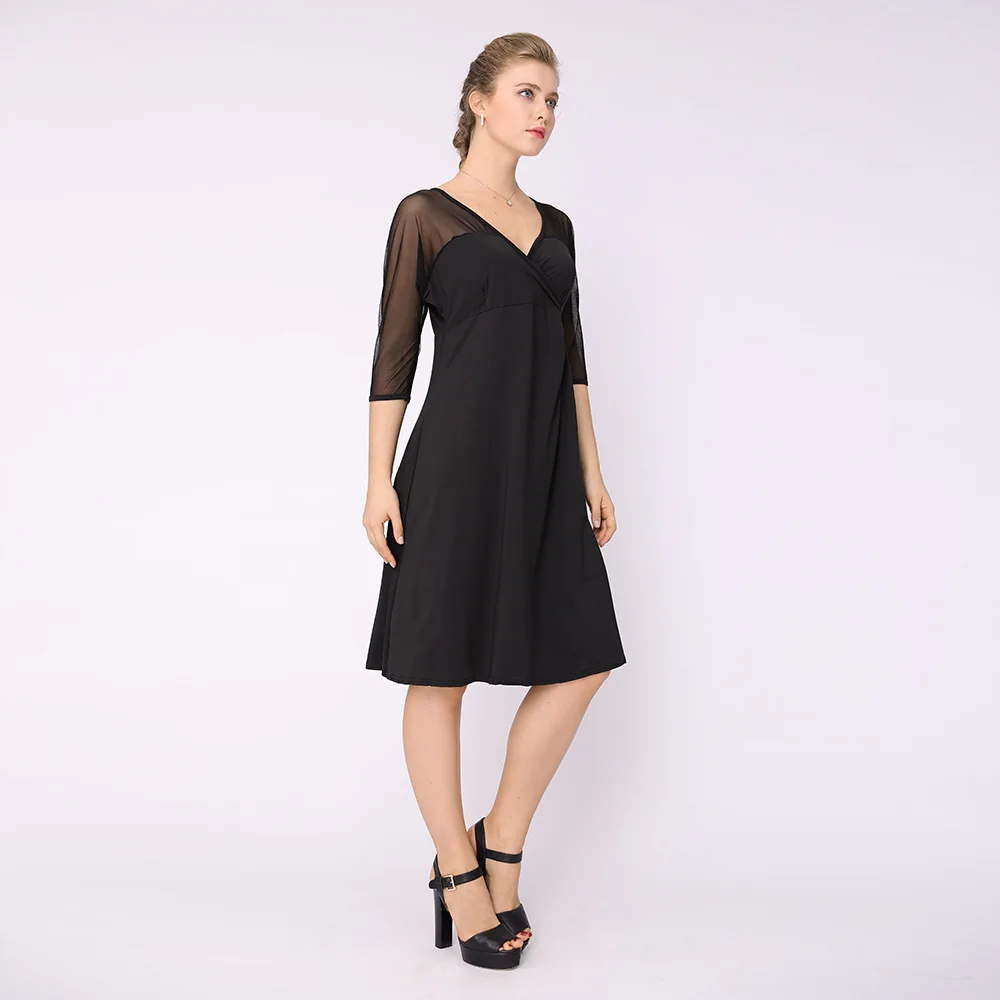

Elegant Casual Solid Woman Dress 2018 Spring Summer Three Quarter Women Dresses V Neck Vestido Black Blue