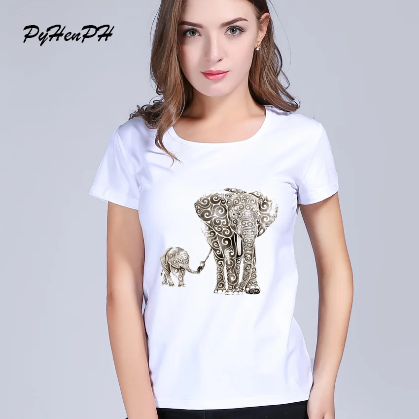 

PyHenPH Brand New 2017 Swirly Elephants Design T shirt Women Short Sleeve Casual Basic white Tops Cool Tee tops PH0151