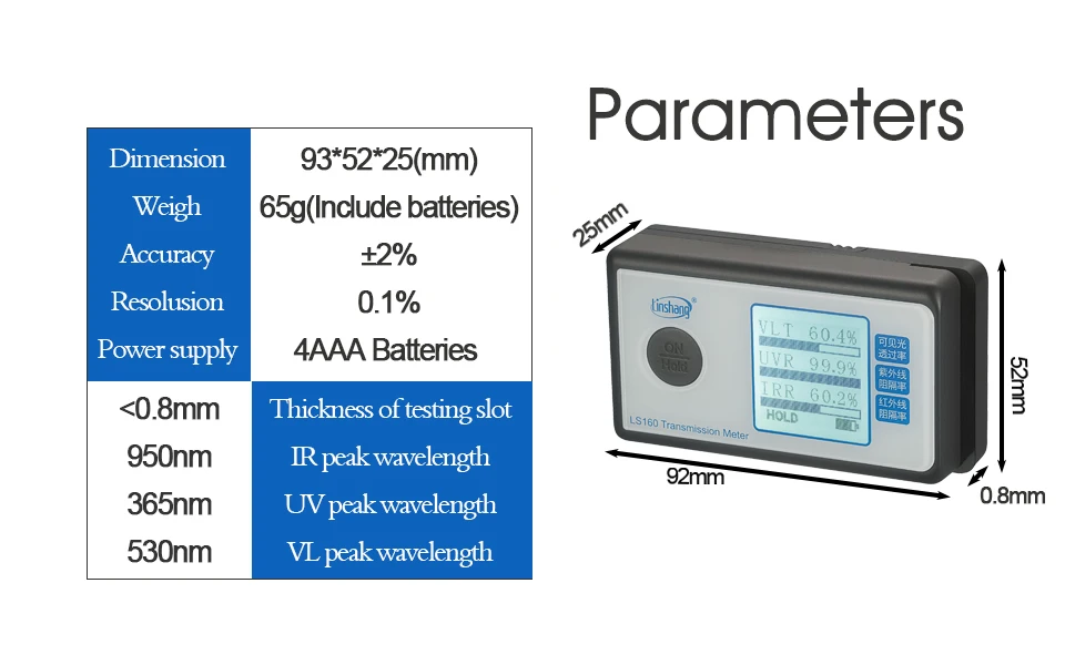 Linshang LS160 Portable Transmission Meter Test Solar Film UV 950nm IR Rejection Visible Light Transmittance solar film transmission meter