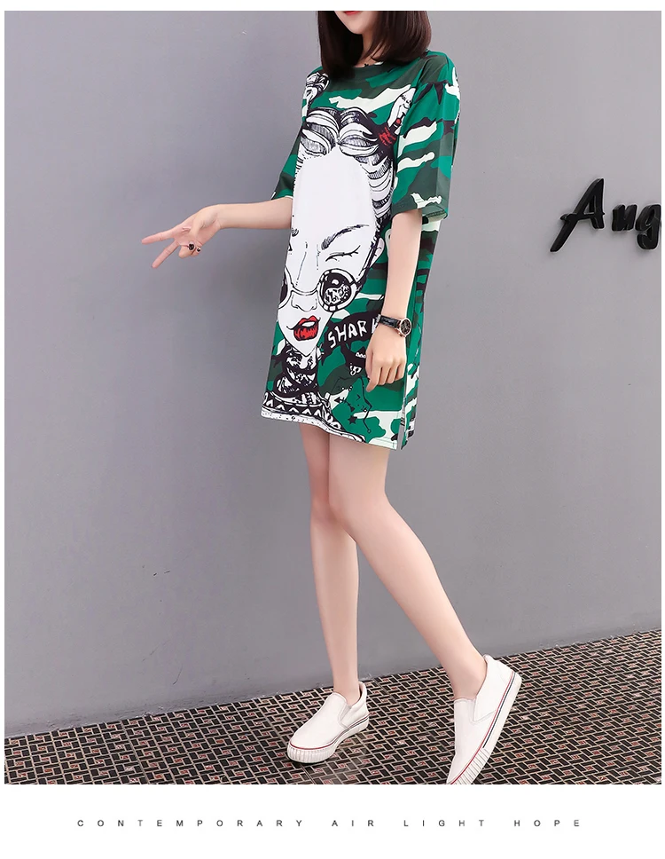 

Girl Student Long Style Short Sleeve T-Shirt Cartoon Printing Casual Summer Pullovers Plus Size Loose Tees Shirt Short Dress
