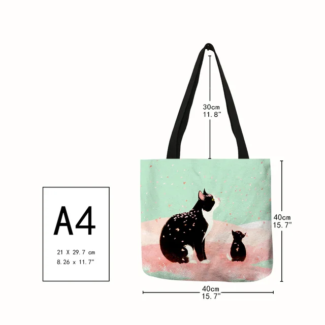 Cartoon Printed Shoulder Bag Adorable Cat Beer Yellow Printing Hand Bags Eco Linen Shopping Travel Beach Casual Tote Bag 3