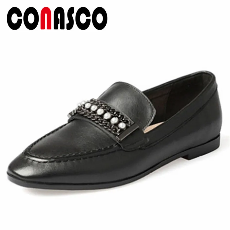 

CONASCO Fashion Brand Beading Flats Heels Shoes Woman Genuine Leather Slip On Comfort Ladies Loafter Shoes Woman Flats Shoes