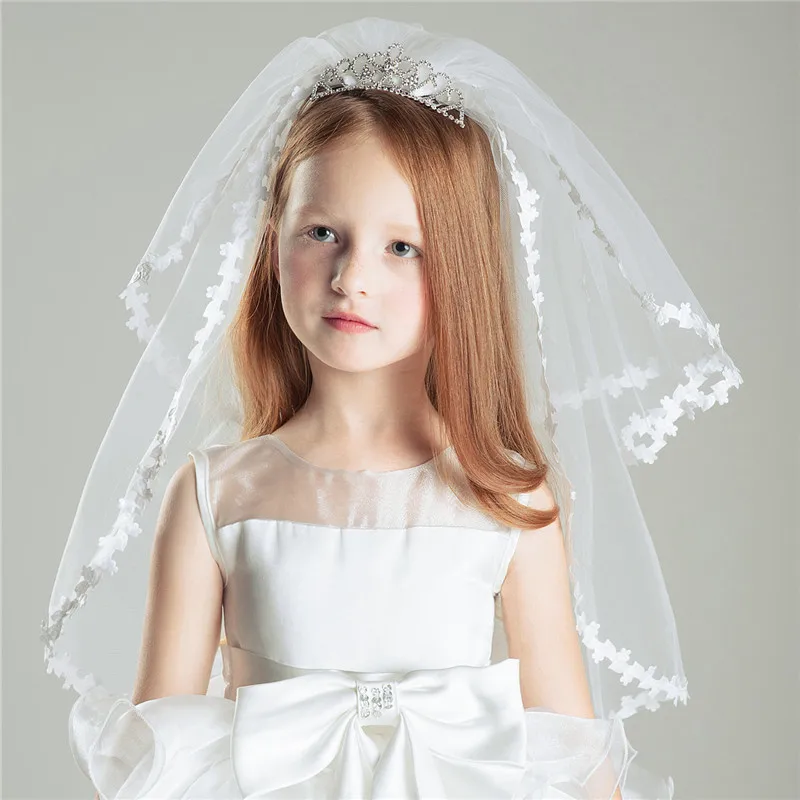 LALAFINA Kids Lace Wedding Veil With Floral Crown Headband - White Veil For Flower Girl, Photo Prop