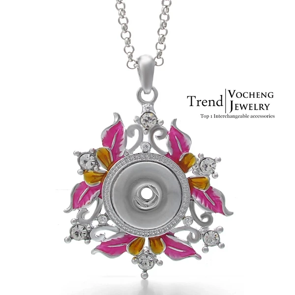 

Rhinestone Murano Vocheng Snap Button Charms Flower Flower Pendant Necklace with Stainless Steel Chain NN-093 Free Shipping