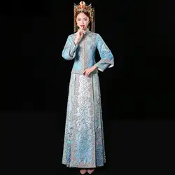 Невесты традиционные для женщин китайские свадебные Qipao свободные Cheongsam восточные платья вышивка со стразами костюмы размеры Размеры s m l xl