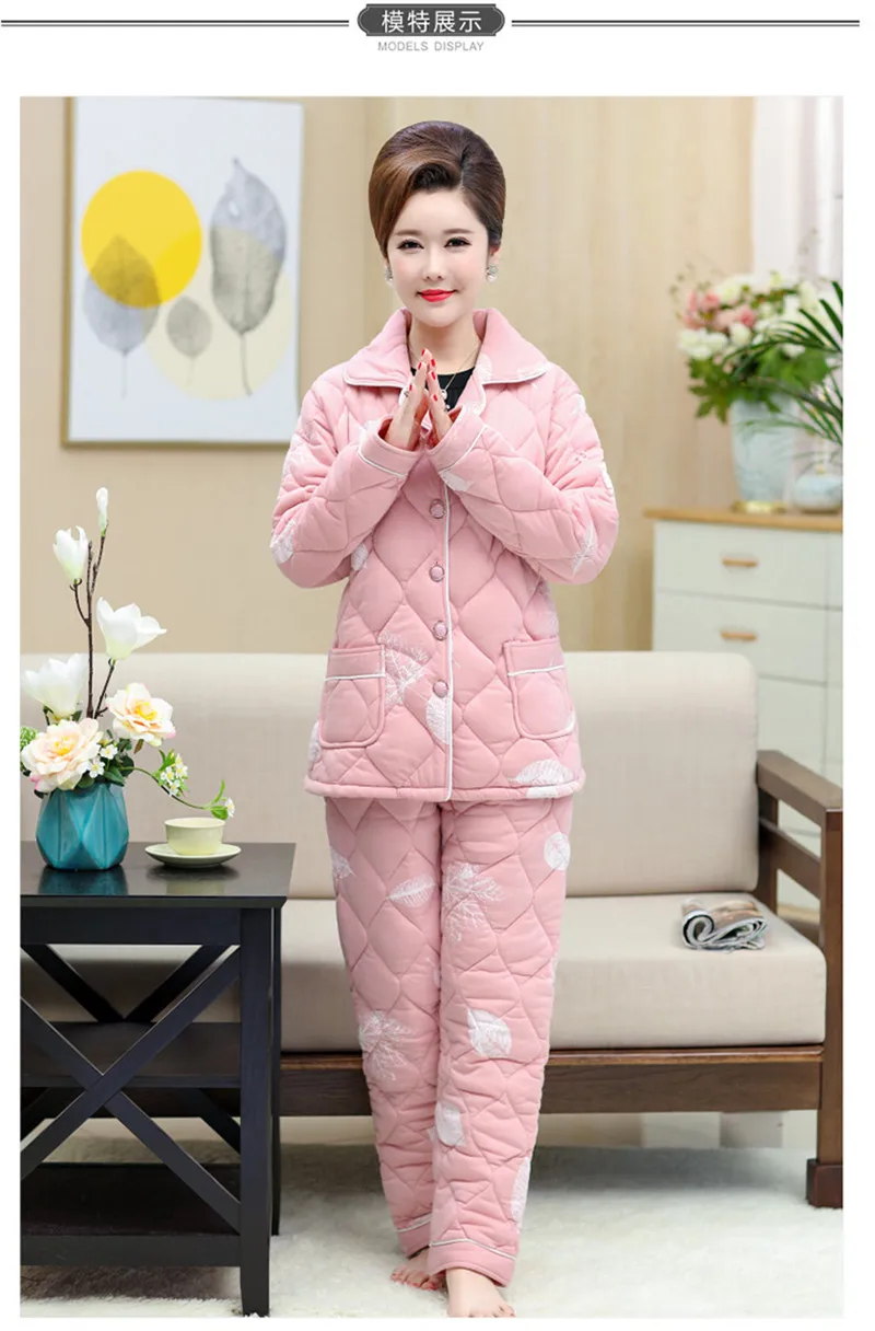 Зимний женский пижамный комплект для мамы среднего возраста, хлопковый плотный Пижамный костюм с принтом, длинные штаны, домашняя одежда, комплект из двух предметов