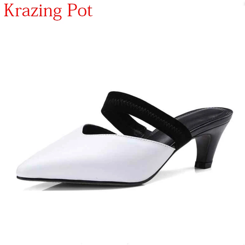 

2018 Genuine Leather Pointed Toe Superstar Slingbacks Stiletto Med Heels Elegant Mules Office Style Vacation Women Sandals L19
