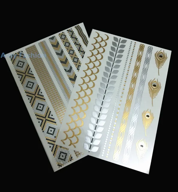 171 2 Pcslot Ensemble Bohème Tendance Nationale Plumeturquoise Métallique Bracelet Et Corps De Tatouage Temporaire Flash Métal Tatouages Dans