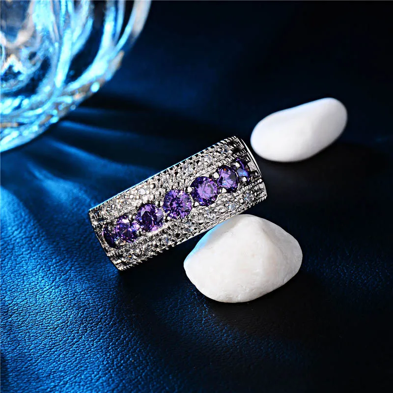 H:HYDE Silver Color Purple Crystal CZ Zircon Classic Simple Design Fashion Women Wedding Engagement Romantic Ring bijoux