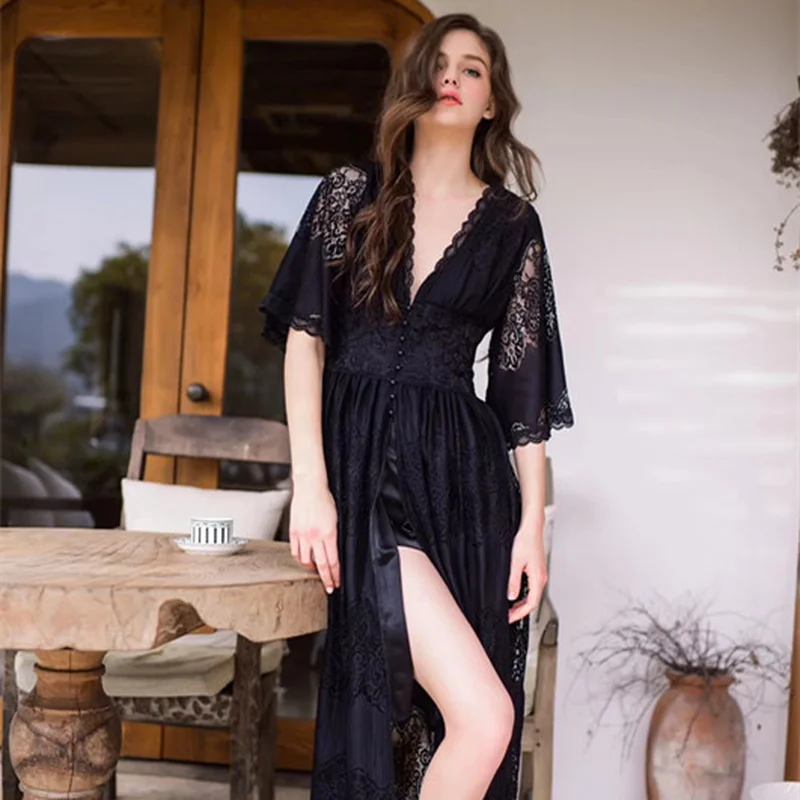 

QWEEK Lace Sexy Women Nightdress 2019 Autumn Elegant Women Nightgown Long Style Sexy Deep V Outwear Female Sleepwear